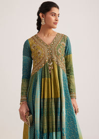 Blue And Green Silk Kurti With Indie Print
