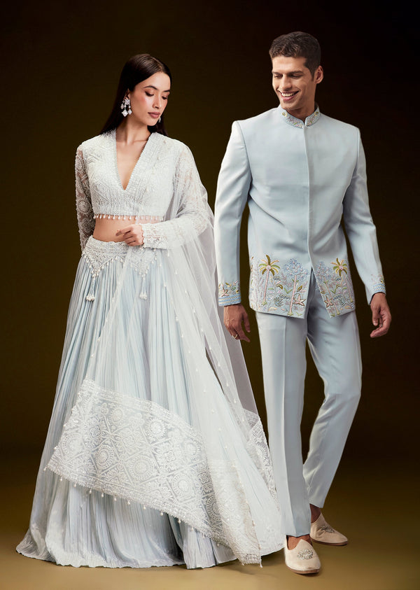 Sky Blue Festive Duo – Sequin Lehenga Set For Her And Blue Jodhpuri Set For Him