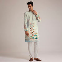 Sky Blue Linen Kurta With Floral Print