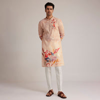 Beige Linen Kurta With Floral Print