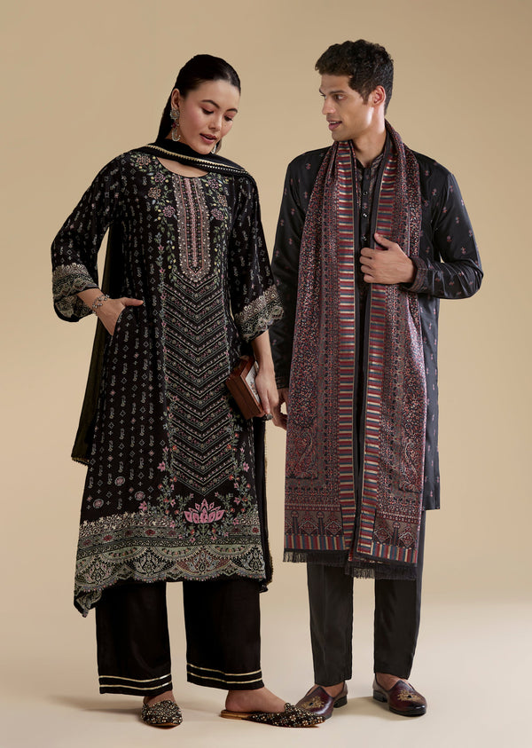 Black Contemporary Match – Stone Work Kurta Set For Her And Black Silk Kurta Set With Dupatta For Him