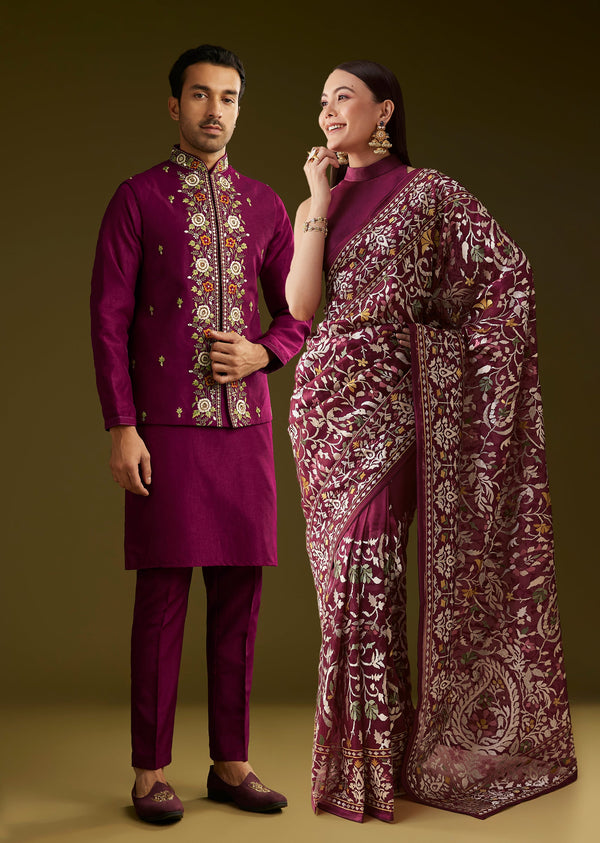 Deep Wine Reception Couple Set – Wine Tissue Organza Saree For Her And Wine Cotton Silk Kurta Jacket Set For Him