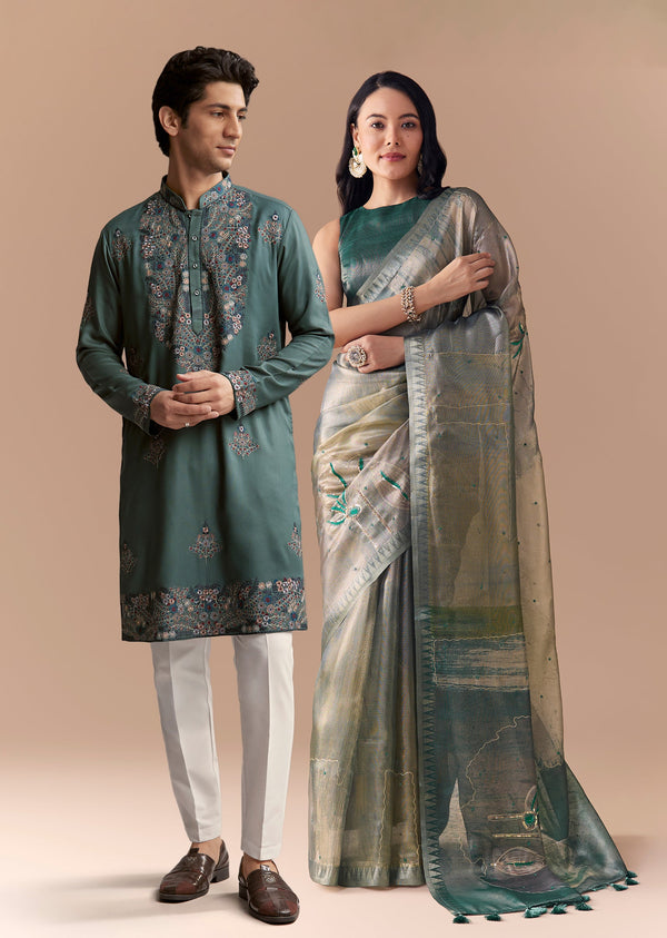 Graceful Couple Set – Teal Green Organza Silk Saree For Her And Green Modal Kurta Set With Hand Embroidery For Him