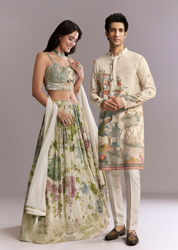 Groomsmen & Bridesmaid Set – Ivory Tissue Bridesmaid Lehenga For Her And Off-White Scenic Print Silk Kurta Set For Him
