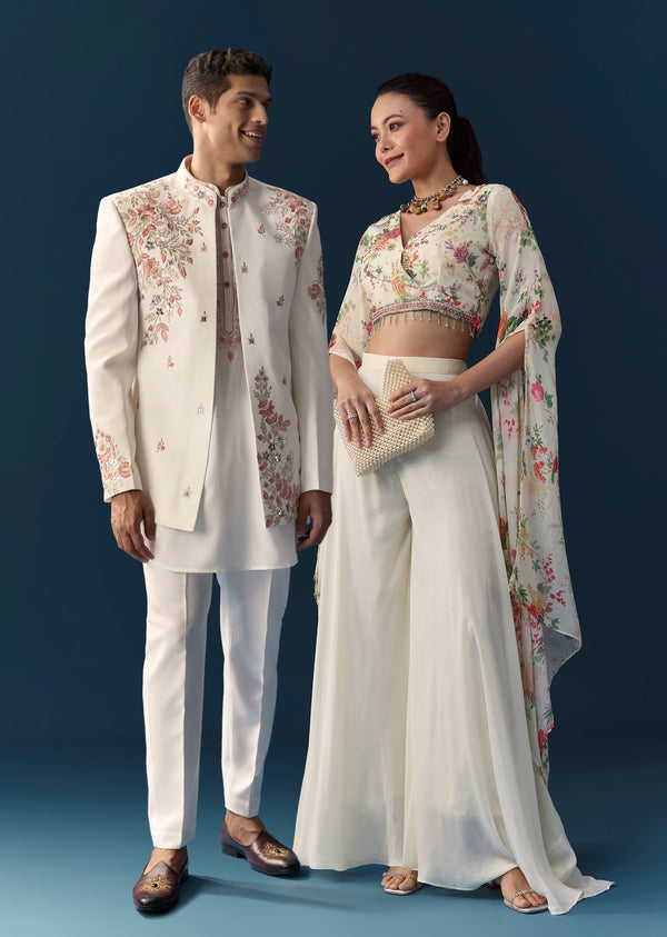 Soft Coordinated Couple Set – Off-White Floral Crop Top Palazzo Set With Cutdana For Her And Off-White Indo-Western Set With Hand Embroidery For Him
