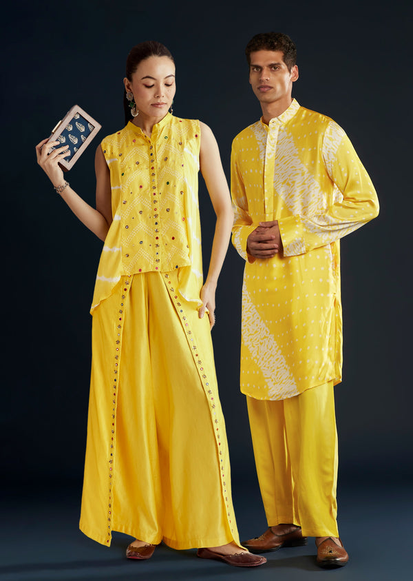 Sunlit Festive Couple Set – Yellow Satin Indo-Western Set For Her And Yellow Bandhani Shibori Kurta Set For Him