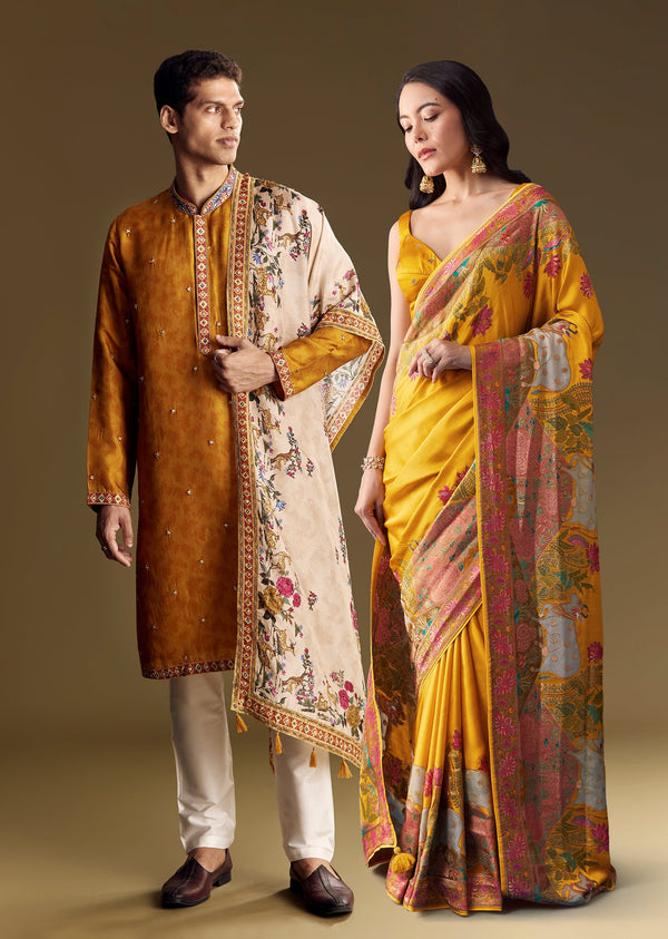 Royal Wedding Couple Set – Mustard Banarasi Silk Saree For Her And Yellow Kurta Set For Him