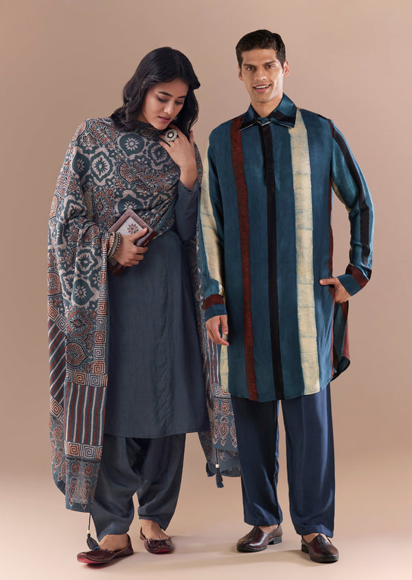 Heritage Couple Set – Indigo Kurta Set With Ajrakh Dupatta For Her And Stripe Indigo Kurta Set For Him