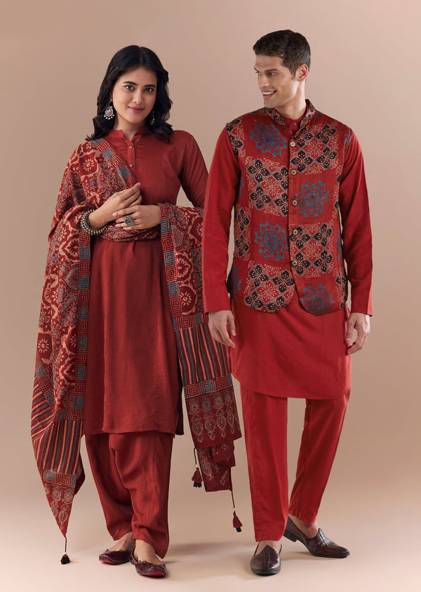 Heritage Ajrakh Couple Set – Maroon Linen Kurta Set With Ajrakh Dupatta For Her And Red Ajrakh Kurta Jacket Set For Him