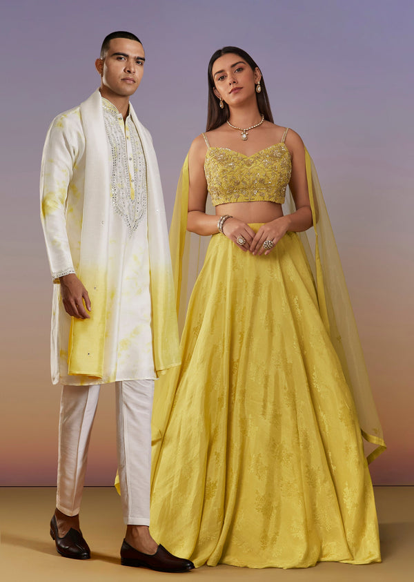 Sunlit Yellow Duo – Banarasi Lehenga For Her And Kurta Set For Him