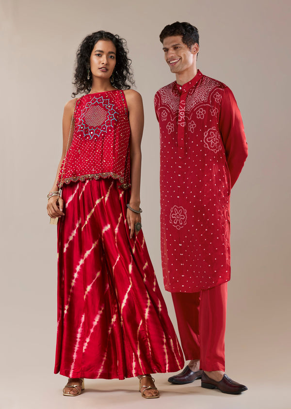 Traditional Bandhani Couple Set – Red Hand-Dyed Bandhani Co-Ord Set For Her And Red Pure Bandhani Silk Kurta Pant Set For Him