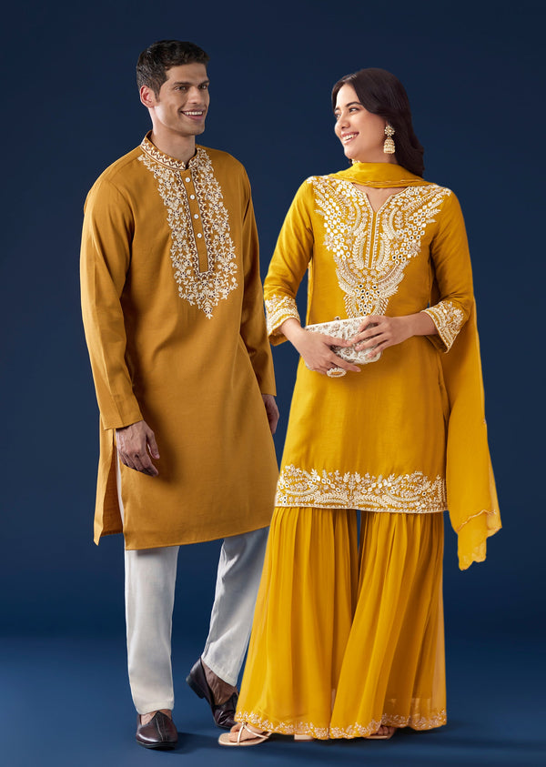 Bright Yellow Festive Duo – Mirror Work Sharara Set For Her And Mustard Viscose Kurta Set For Him