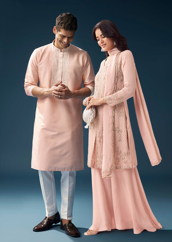 Pastel Pink Coordinated Look – Embellished Palazzo Suit For Her And Pink Chanderi Kashmiri Handwork Kurta For Him