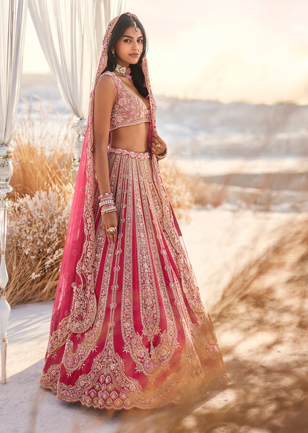 Hot Pink Self Gold Embroidery Bridal Set