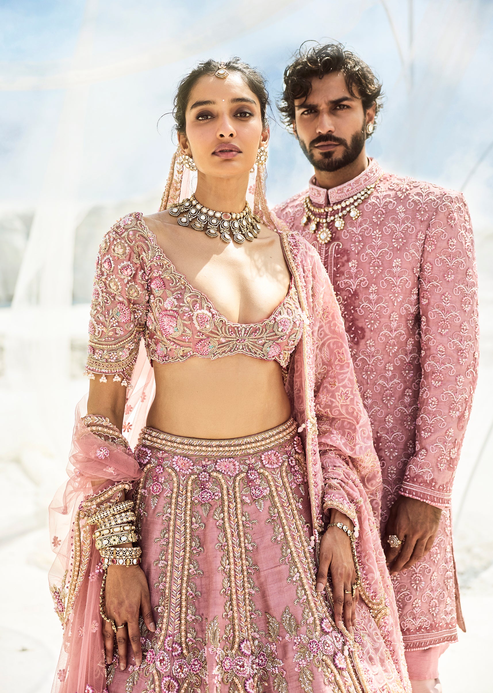 Blush Pink Romance — Bridal Lehenga For Her And Sherwani For Him