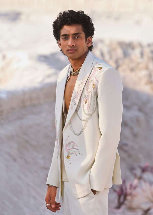 White Double Breasted Embroidered Blazer Set