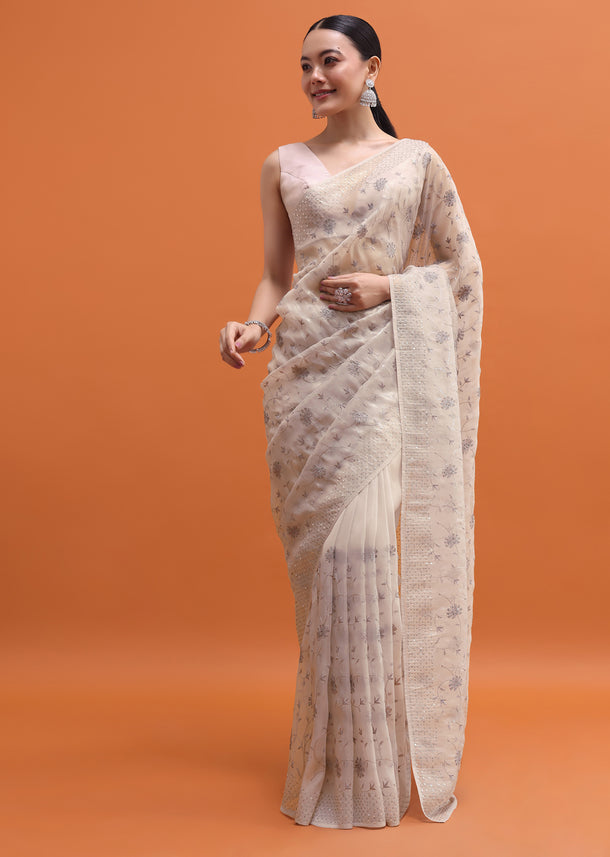 Silver Tissue Saree In Resham Work With Unstitched Blouse