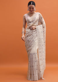 Silver Tissue Saree In Resham Work With Unstitched Blouse