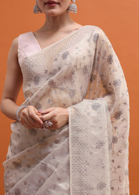 Silver Tissue Saree In Resham Work With Unstitched Blouse