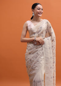 Silver Tissue Saree In Resham Work With Unstitched Blouse