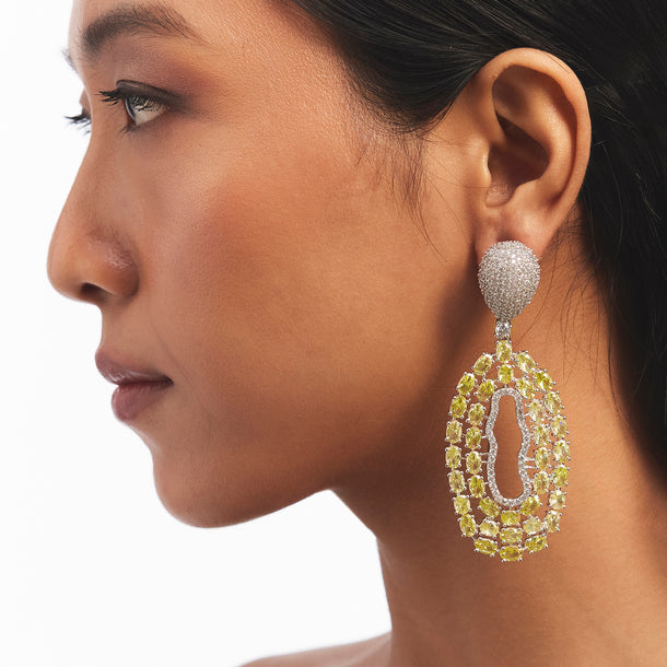 Silver Yellow Zircon Statement Earrings