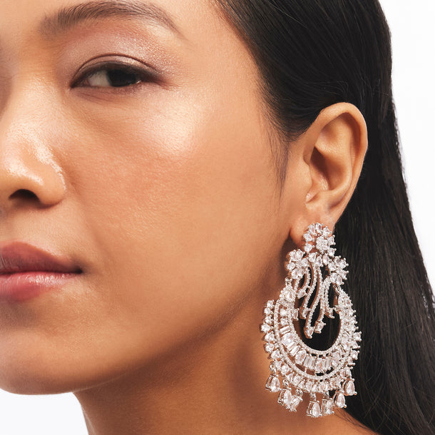 Silver Zircon Embellished Chandbali Earrings