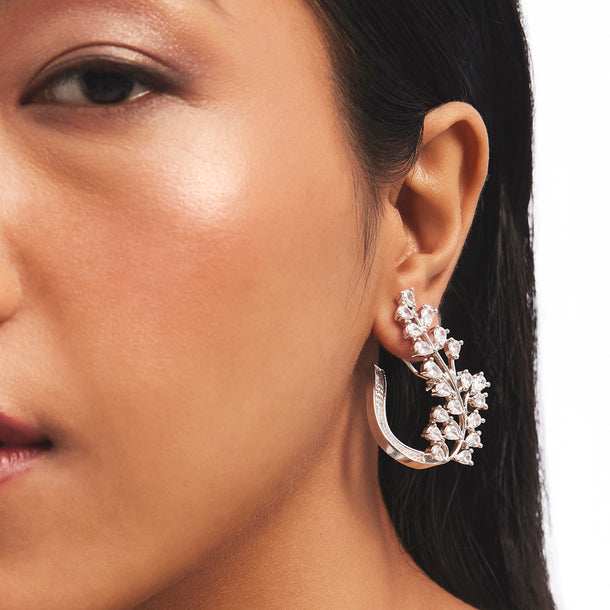 Silver Zircon Floral Hoop Earrings