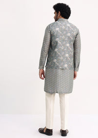 Steel Grey Kurta With Cutdana Embroidered Jacket Set For Men