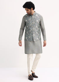 Steel Grey Kurta With Cutdana Embroidered Jacket Set For Men