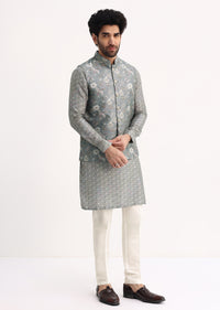 Steel Grey Kurta With Cutdana Embroidered Jacket Set For Men