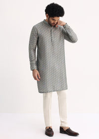 Steel Grey Kurta With Cutdana Embroidered Jacket Set For Men