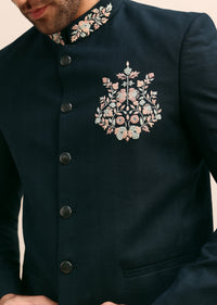 Teal Blue Thread Work Jodhpuri Suit For Men