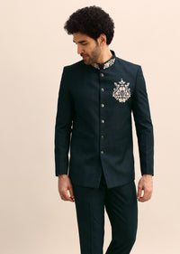 Teal Blue Thread Work Jodhpuri Suit For Men