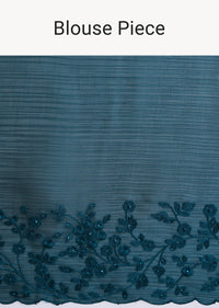 Teal Blue Tissue Saree With Thread And Stone Embroidery And Unstitched Blouse