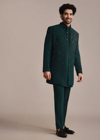 Teal Indowestern Set With Hand Work For Men