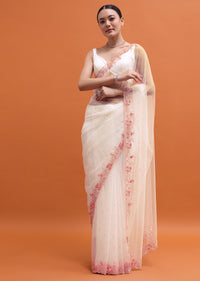 White Embroidered Net Saree In Sequin With Unstitched Blouse