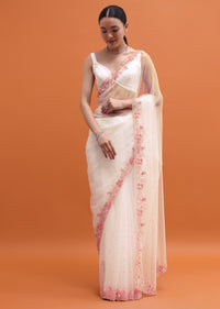 White Embroidered Net Saree In Sequin With Unstitched Blouse