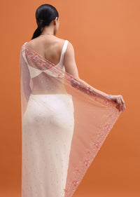 White Embroidered Net Saree In Sequin With Unstitched Blouse