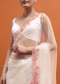 White Embroidered Net Saree In Sequin With Unstitched Blouse