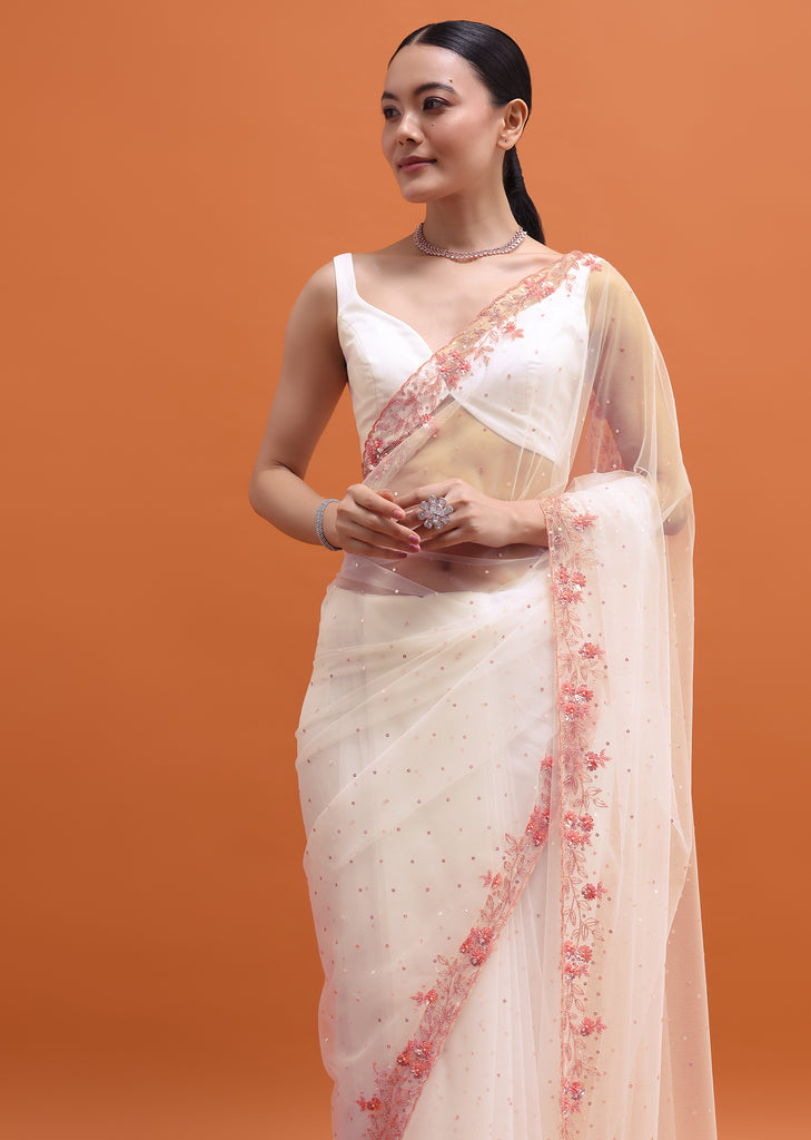 White Embroidered Net Saree In Sequin With Unstitched Blouse