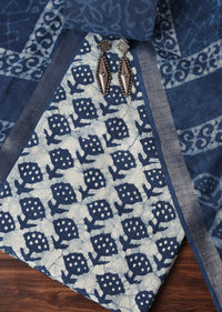 White And Indigo Blue Batik Hand Block Printed Dress Material