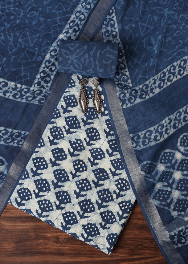 White And Indigo Blue Batik Hand Block Printed Dress Material