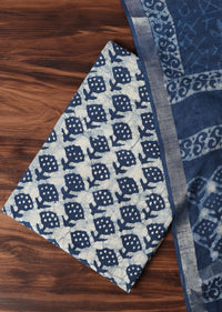 White And Indigo Blue Batik Hand Block Printed Dress Material