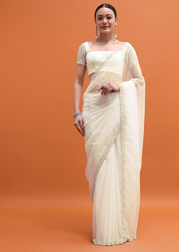 White Bead Embroidered Saree With Unstitched Blouse