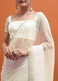 White Bead Embroidered Saree With Unstitched Blouse