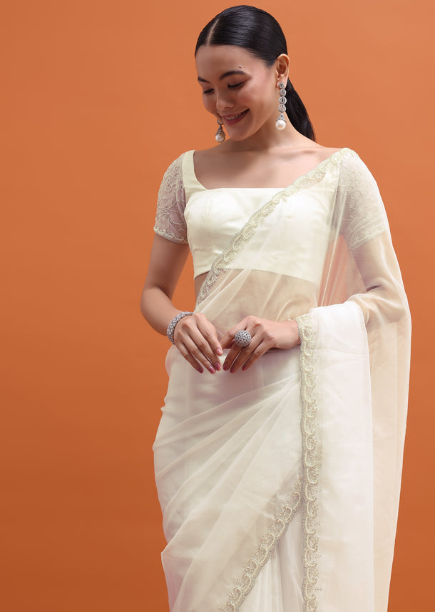 White Bead Embroidered Saree With Unstitched Blouse