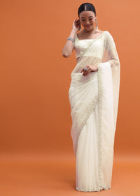 White Bead Embroidered Saree With Unstitched Blouse