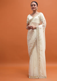 White Embroidered Border Saree With Unstitched Blouse