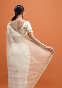 White Embroidered Border Saree With Unstitched Blouse