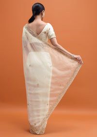 White Embroidered Border Saree With Unstitched Blouse